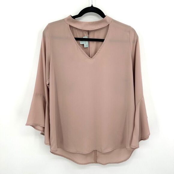 VERONICA M. Dusty Light Pink Cut Out Bell Sleeve Lightweight Blouse Top Medium - Picture 1 of 5